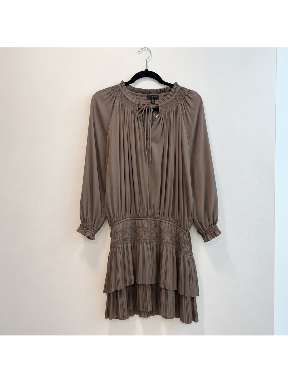 Curvaceous Los Angeles Taupe Pleated Ruffle Mini Dress